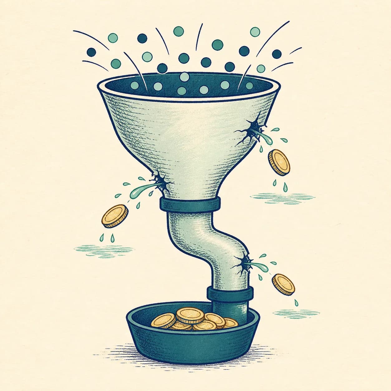 A hand-drawn funnel leaking coins before they reach the customer bowl.