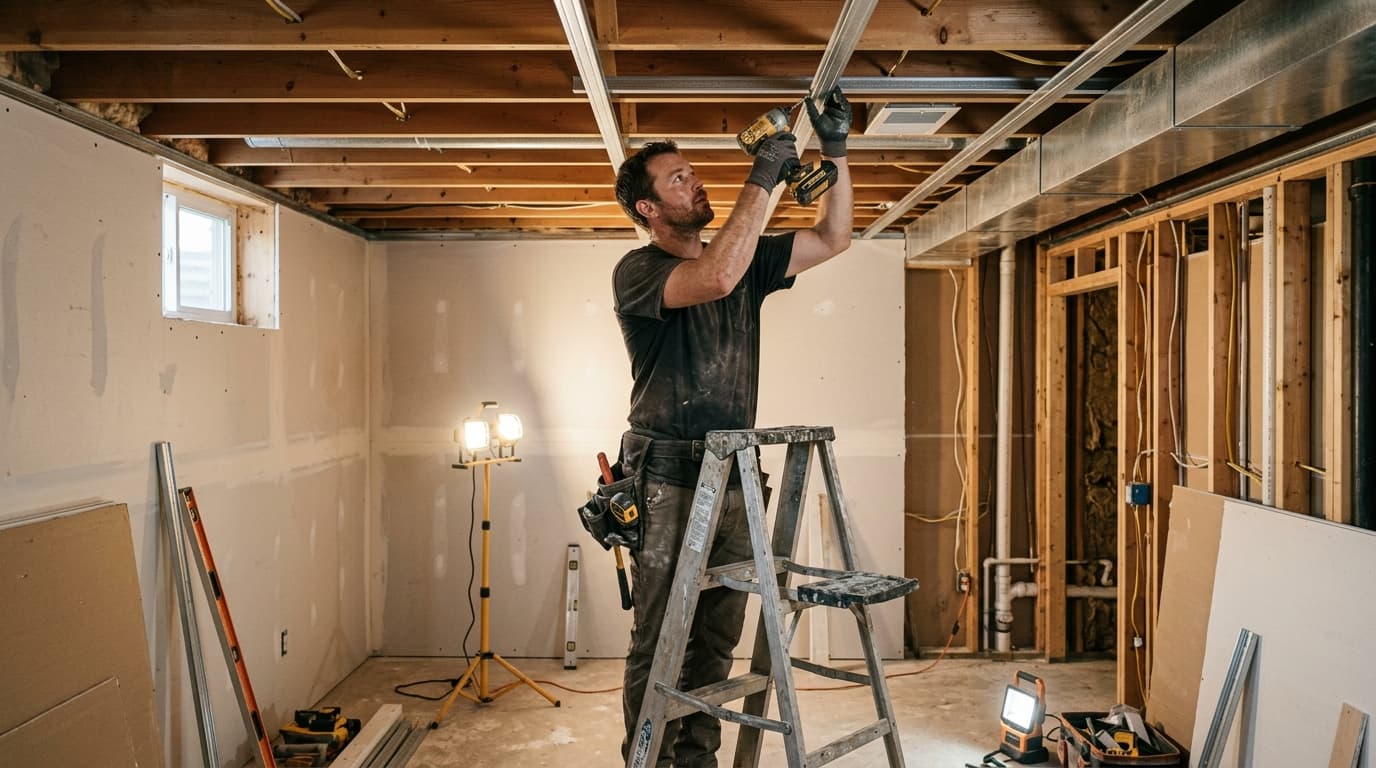 Professional basement contractor at work