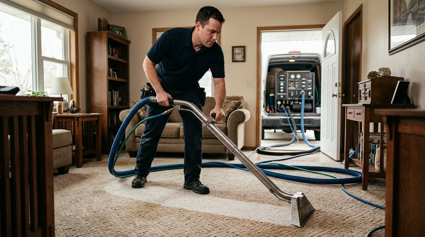Professional carpet cleaner at work