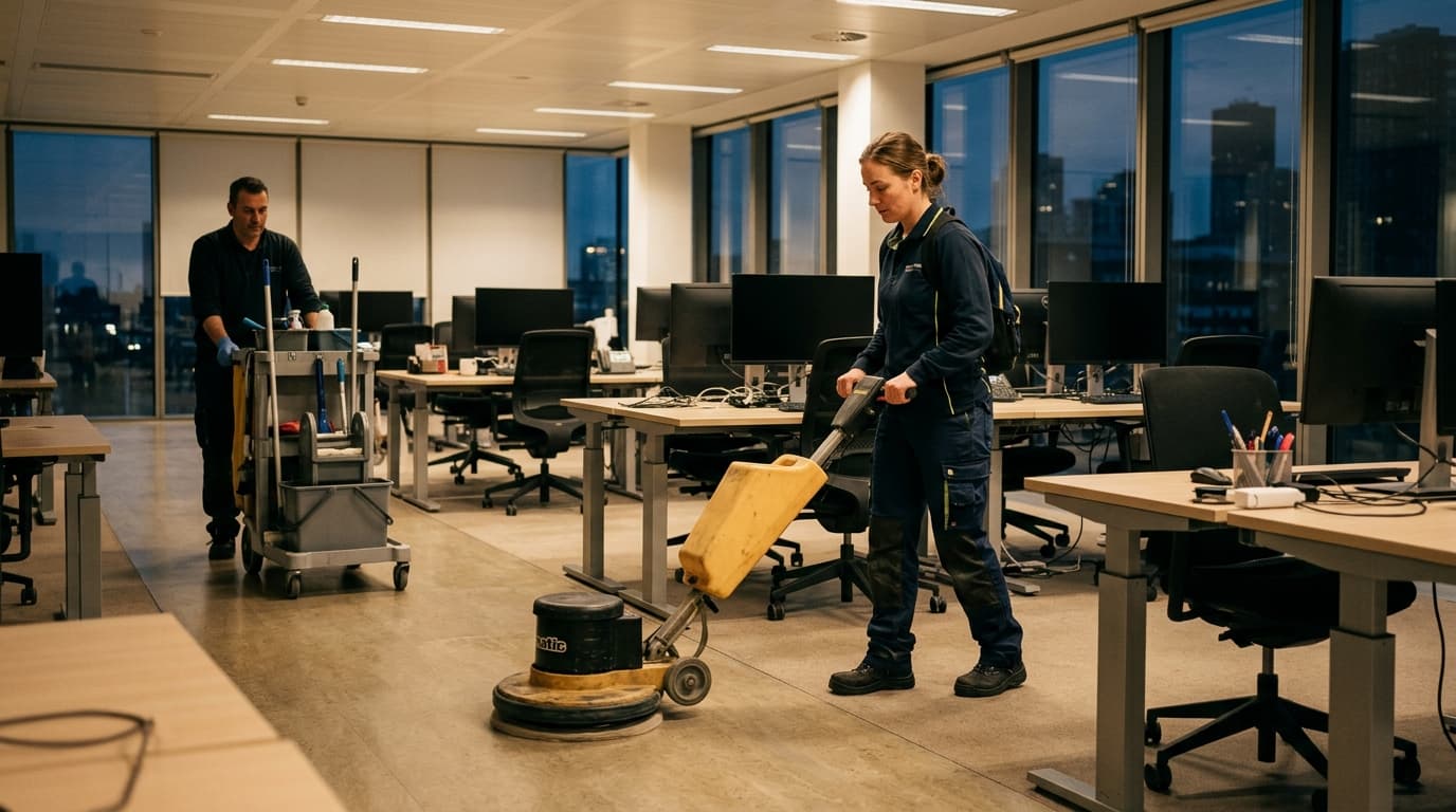 Professional commercial cleaning company at work