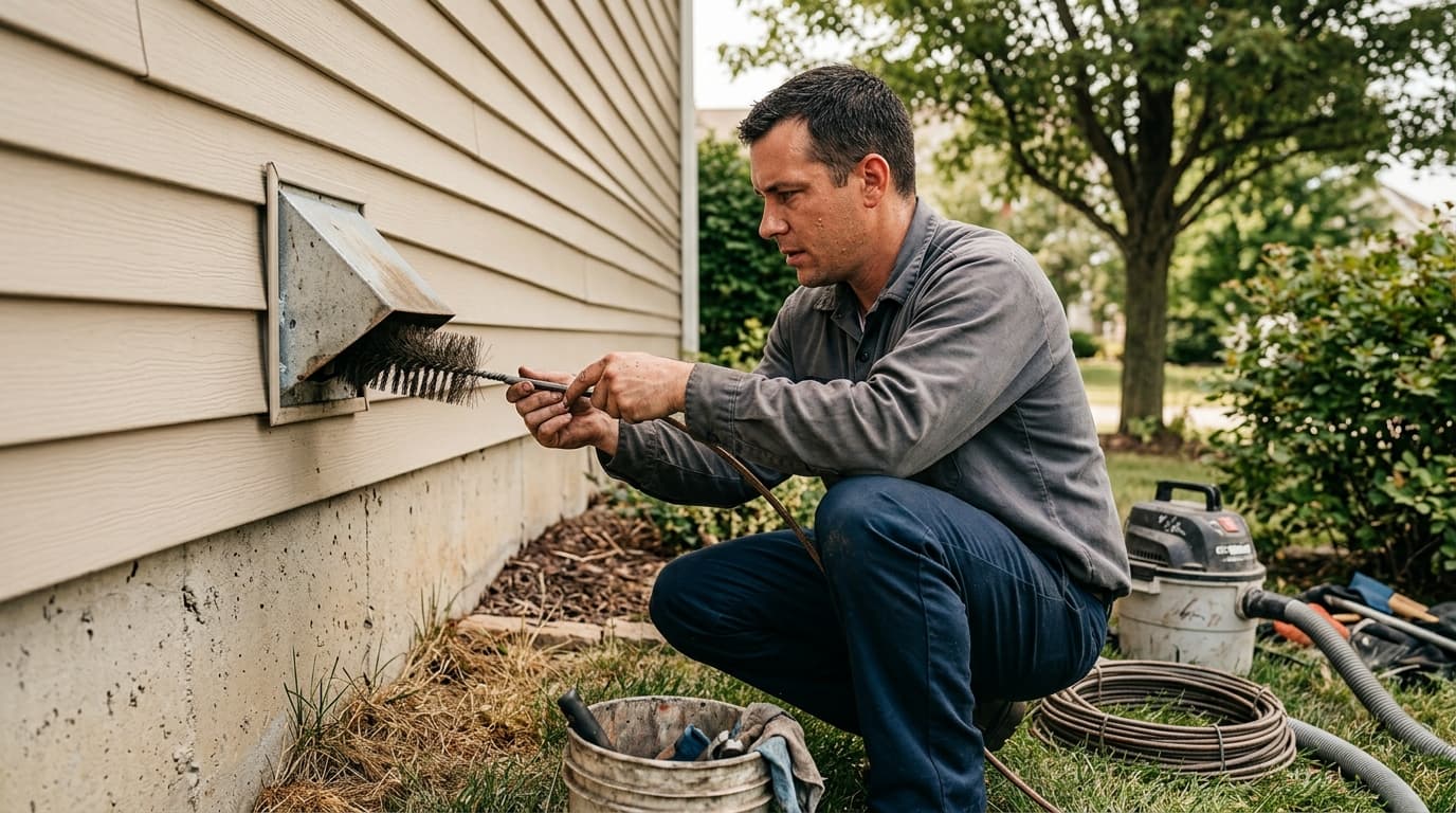 Professional dryer vent cleaning specialist at work