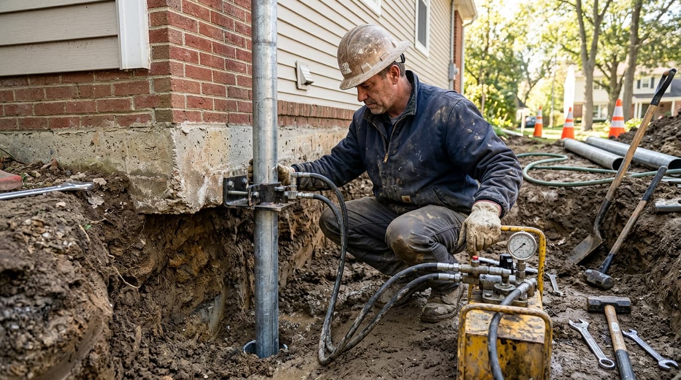 Professional foundation repair specialist at work