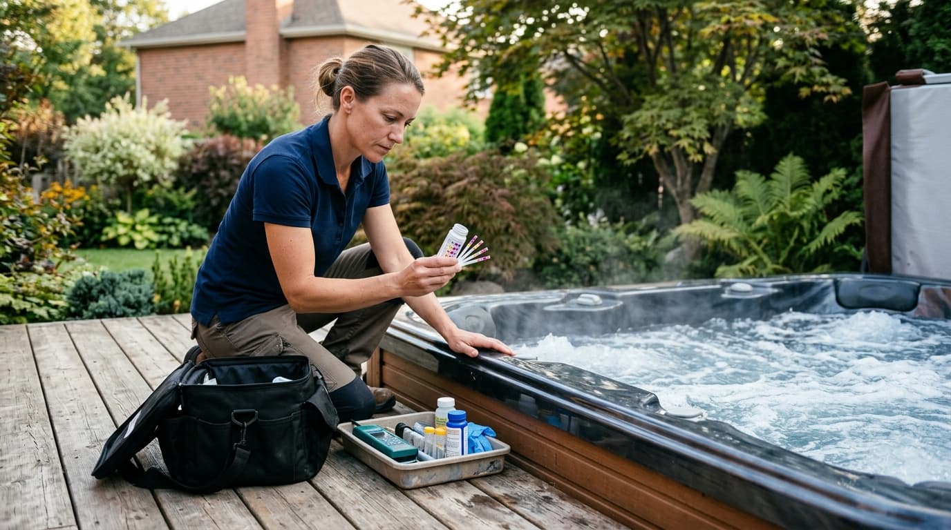 Professional hot tub service technician at work