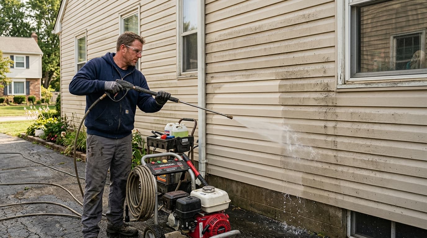 Professional power washing specialist at work