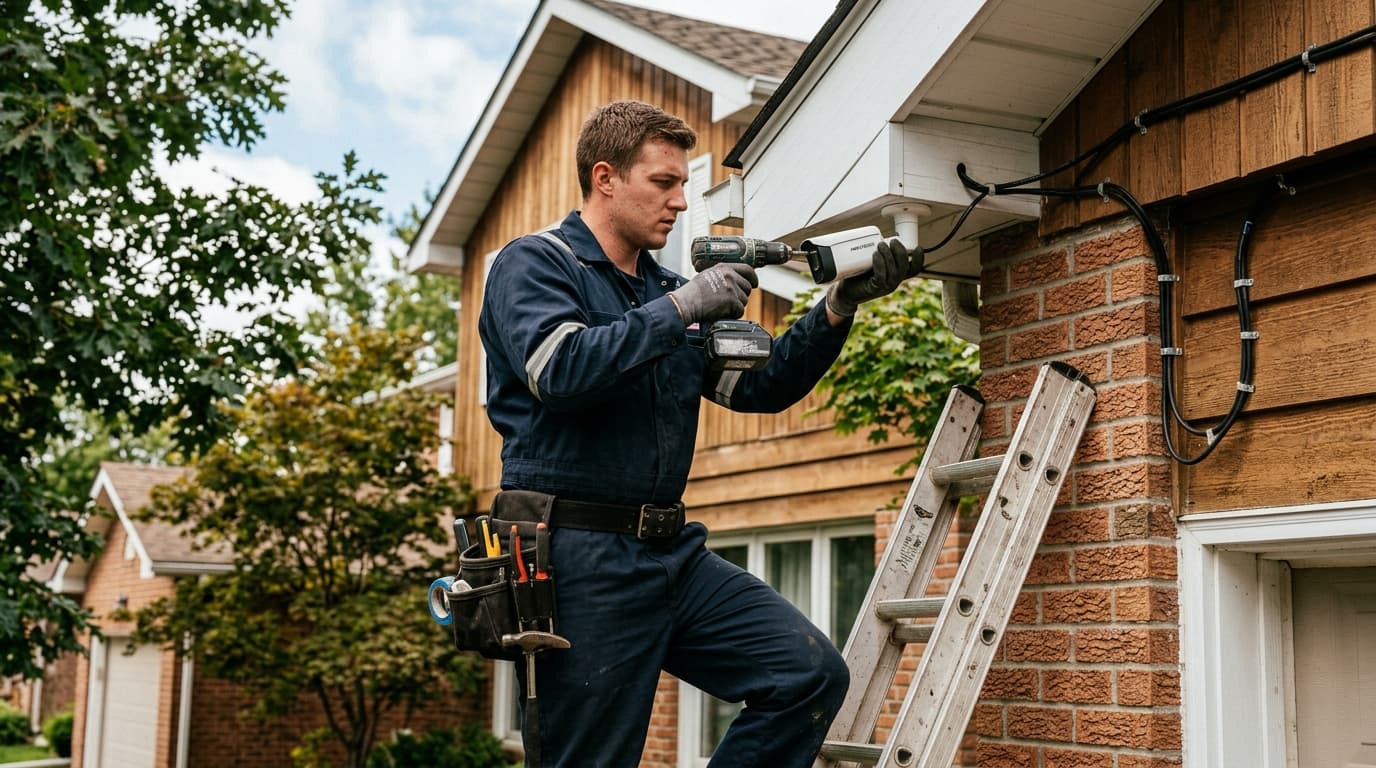 Professional security system installer at work