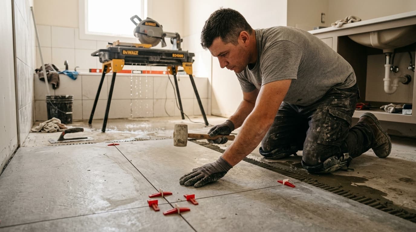 Professional tile contractor at work