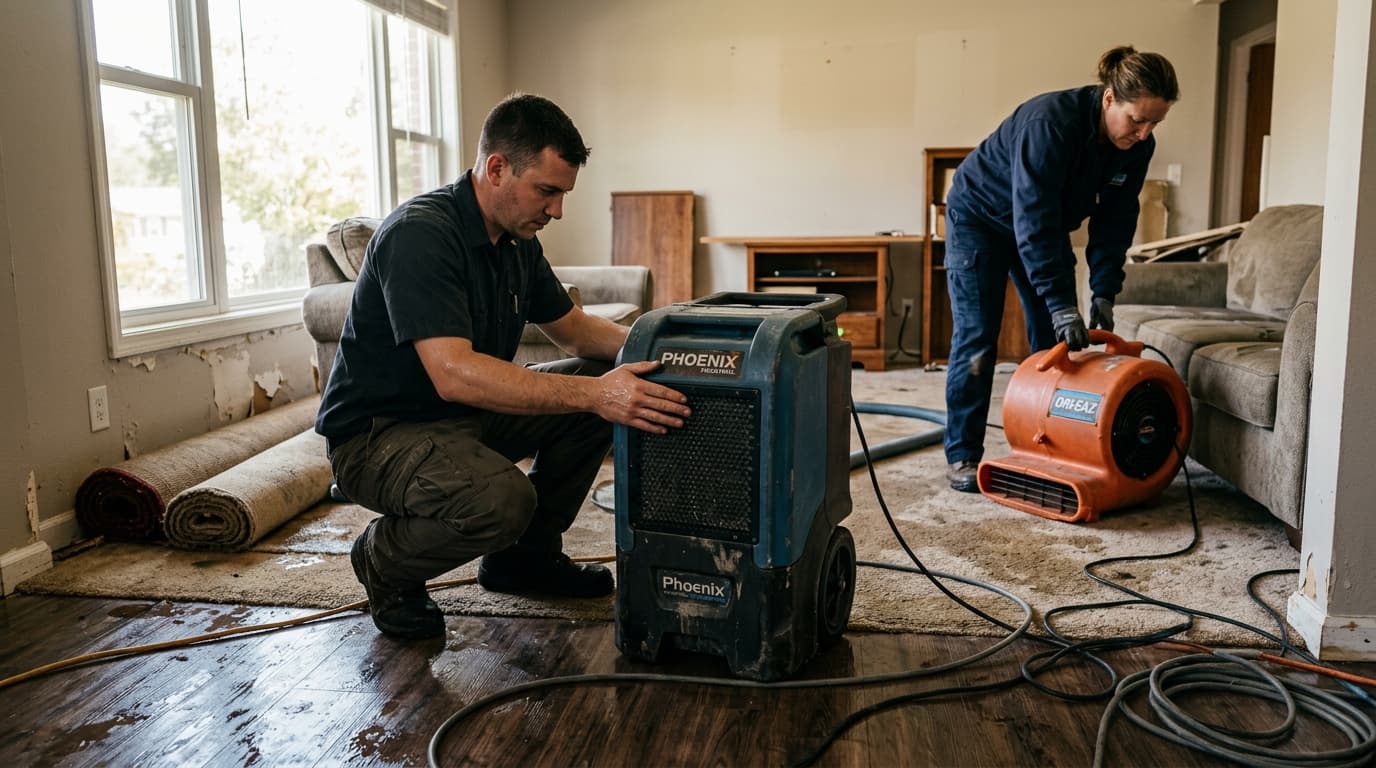 Professional water damage restoration specialist at work