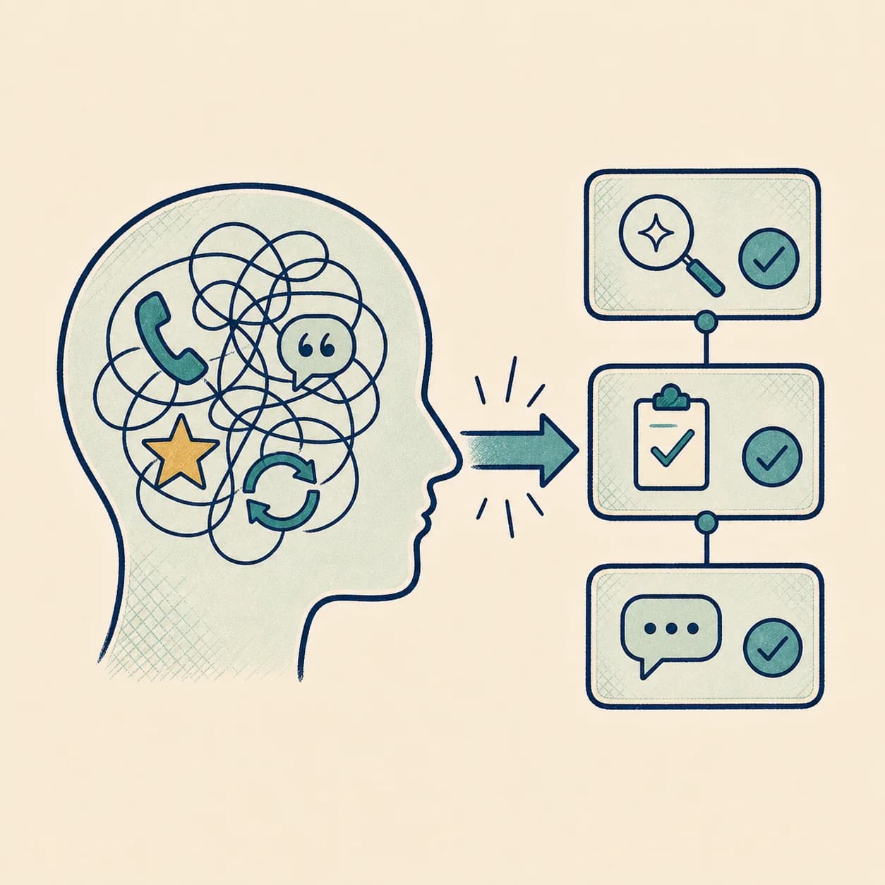 A hand-drawn owner bottleneck becoming a clear three-step business process.
