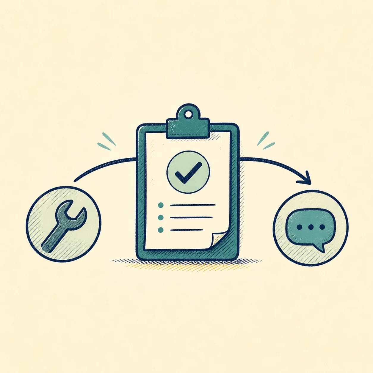 A hand-drawn clipboard carrying a job recommendation from a tool icon to a follow-up message icon.