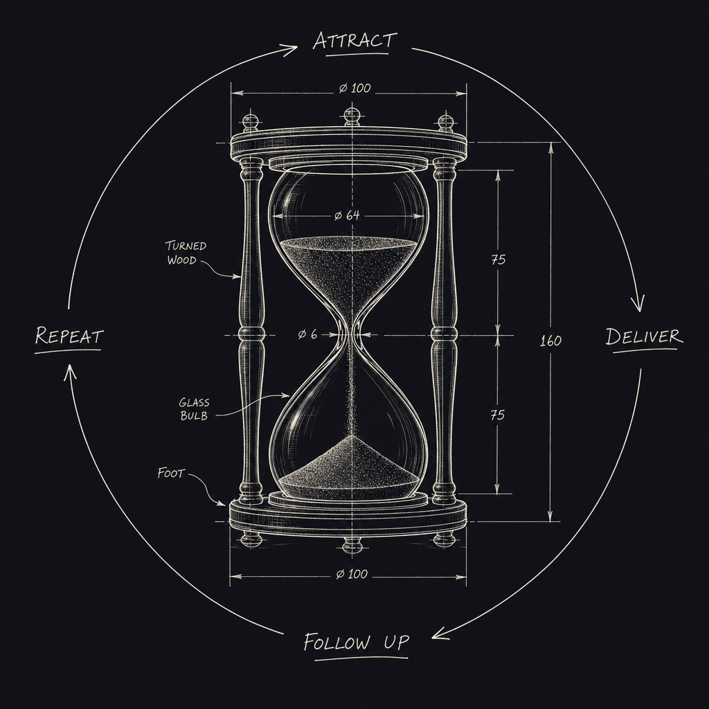 Technical drawing of the repeat-work loop: attract the right customers, deliver the work, follow up, and repeat — drawn as a dimensioned hourglass.