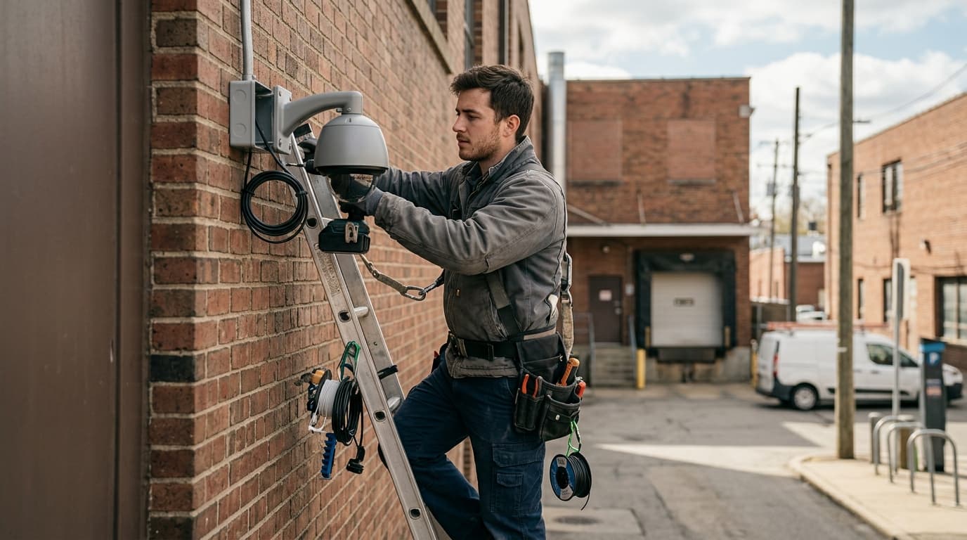Professional security camera installer at work