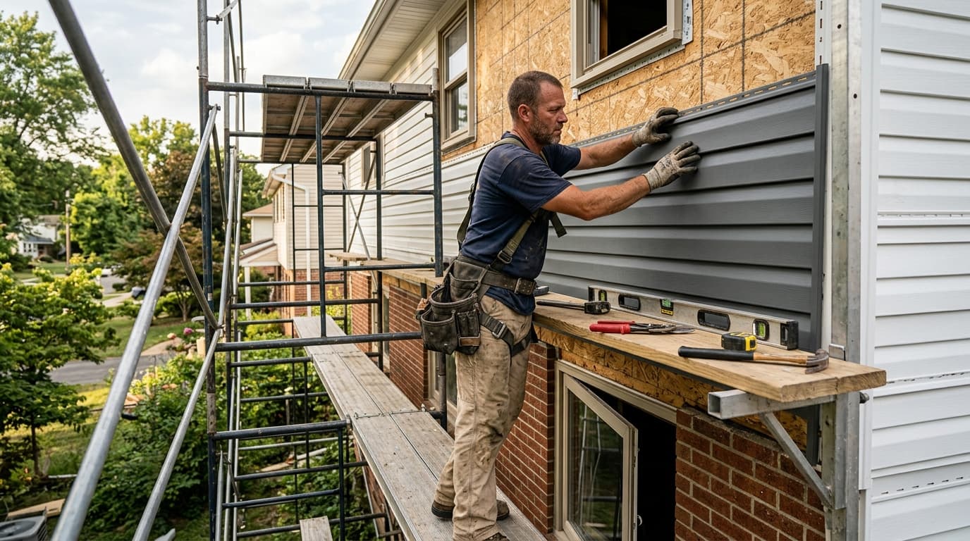 Professional siding contractor at work